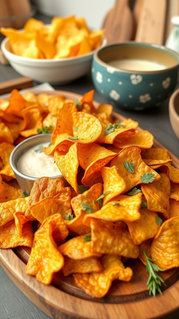 Golden homemade snack chips on a wooden platter with herbs and a dip.